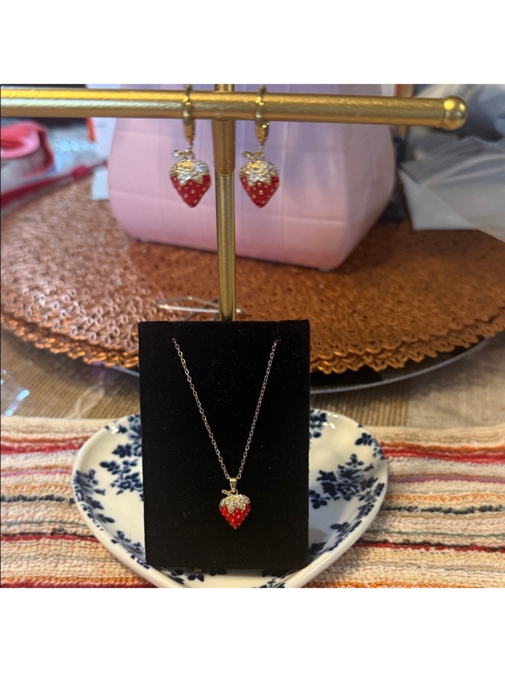 Red Strawberry Pendant Necklace and Earring Set